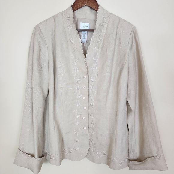 Emma James Embroidered Linen Blazer Jacket Beige Scalloped Cuff Edges Size 16 - Picture 1 of 9